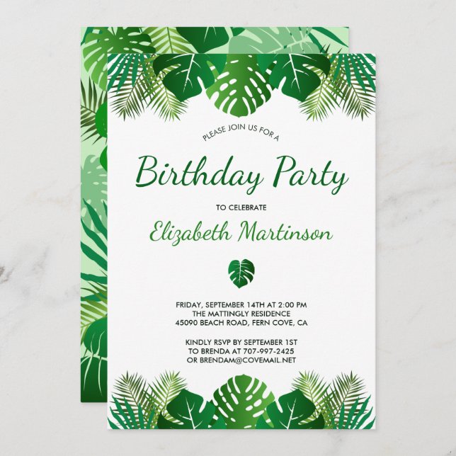 Invitation Fête d'anniversaire des forêts tropicales Feuilles (Devant / Derrière)