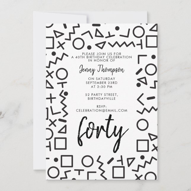 Invitation Fête d'anniversaire des formes noir blanc des anné (Devant)