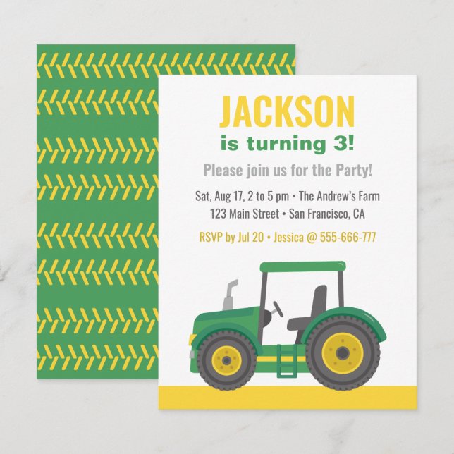 Invitation Fête d'anniversaire des garçons au tracteur vert (Devant / Derrière)