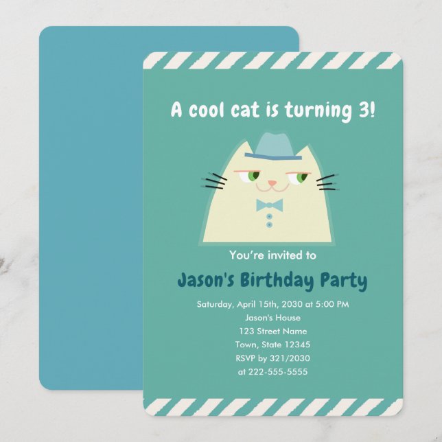 Invitation Fête d'anniversaire des garçons Cool Cat (Devant / Derrière)