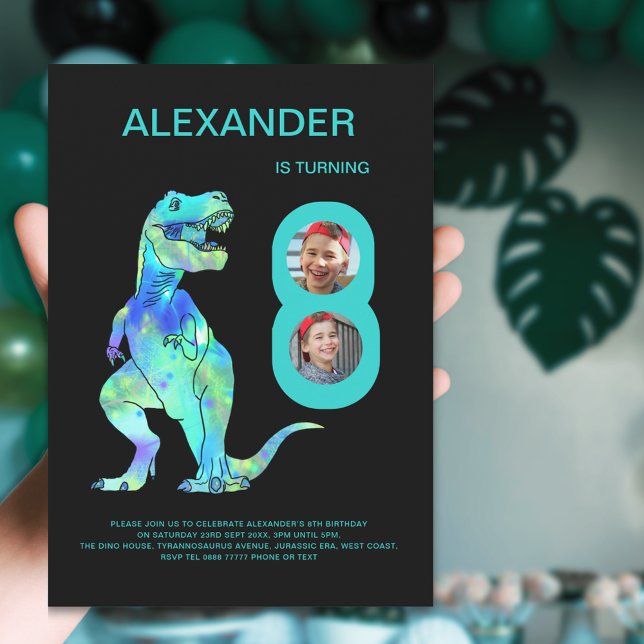 Invitation Fête d'anniversaire des garçons dinosaures T-Rex 8 (T-Rex dino boys 8th birthday party photo invitation with color dinosaur teal green typography )