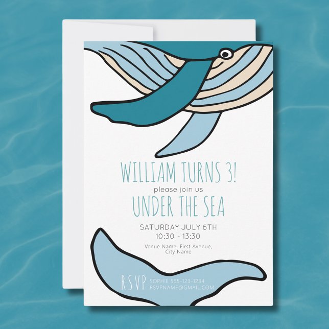 Invitation Fête d'anniversaire des garçons Océan Baleine (Blue Whale Under the Sea Kids Birthday Party Invitation.  Easily edit online with your own details.)