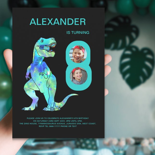 Invitation Fête d'anniversaire des garçons T-Rex Dino pour le (Dinosaur T-Rex boys 8th birthday party invitation with photo template colorful dinosaur blue teal )
