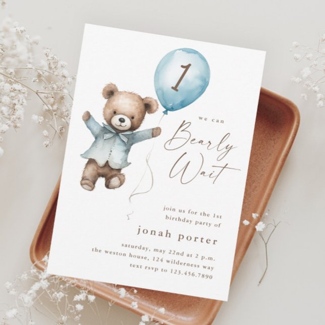 Invitation Fête d'anniversaire des garçons Teddy Bear 1 an (Teddy Bear Blue Balloon Boys 1st Birthday Party Invitation)