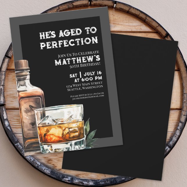 Invitation Fête d'anniversaire des hommes au Whiskey Noir (Whiskey Men's Birthday Party Invitation)