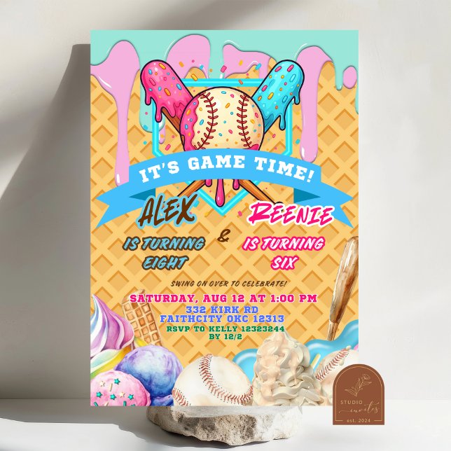 Invitation Fête d'anniversaire des jumeaux Baseball Ice Cream (Créateur téléchargé)