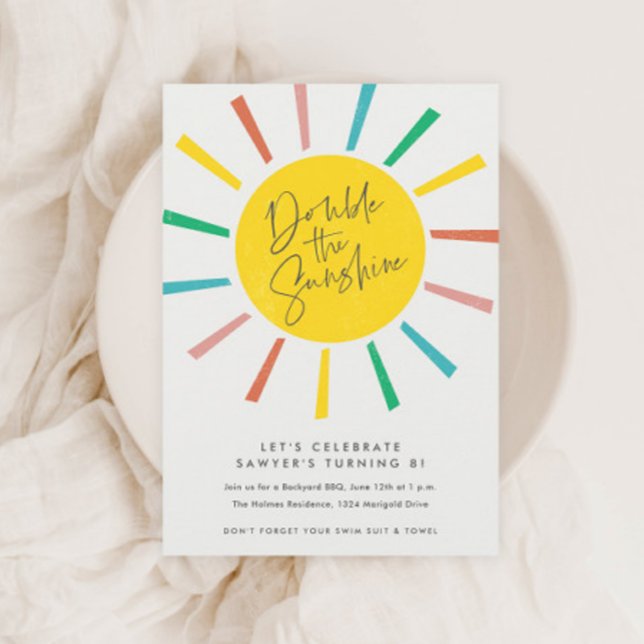 Invitation Fête d'anniversaire des jumeaux sous le soleil arc (Modern Colorful Sun Twins Kids Birthday Party Invitations.)