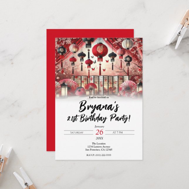 Invitation Fête d'anniversaire des lanternes japonaises et de (Devant/Arrière en situation)