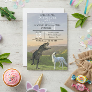 Invitation Fête d'anniversaire des licornes dinosaures jumeau