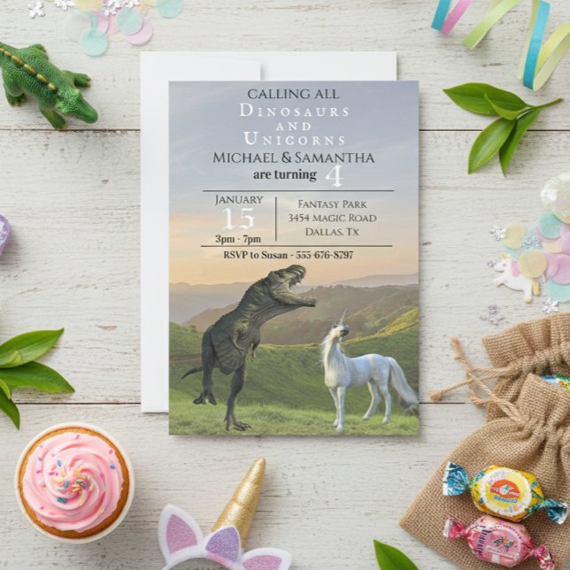 Invitation Fête d'anniversaire des licornes dinosaures jumeau (Créateur téléchargé)