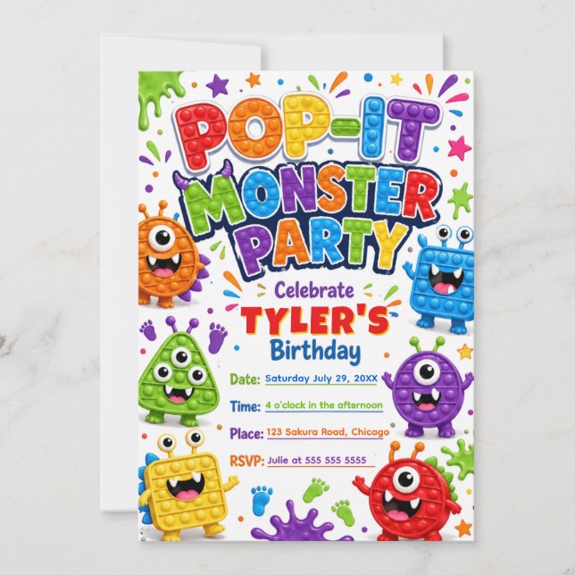 Invitation Fête d'anniversaire des monstres mignons Pop It (Devant)