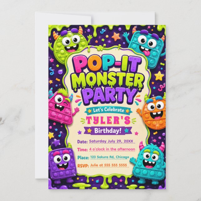 Invitation Fête d'anniversaire des monstres mignons Pop It (Devant)