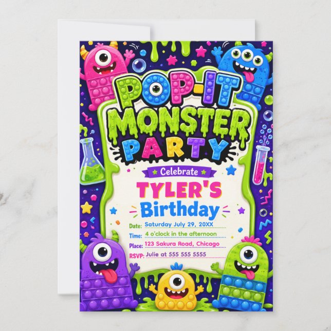 Invitation Fête d'anniversaire des monstres mignons Pop It (Devant)