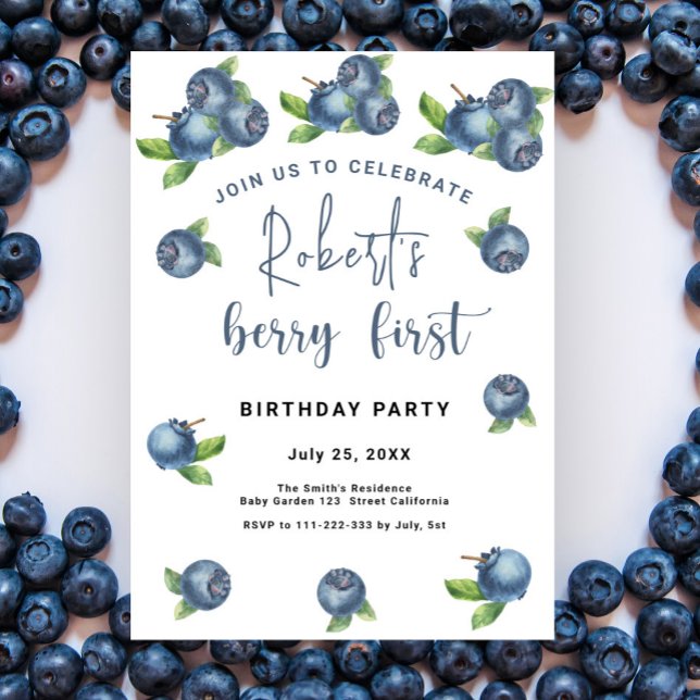 Invitation Fête d'anniversaire des myrtilles 1 an | Première  (Créateur téléchargé)