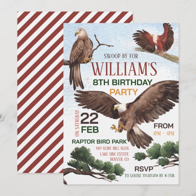 Invitation Fête d'anniversaire des oiseaux de proie (Devant / Derrière)