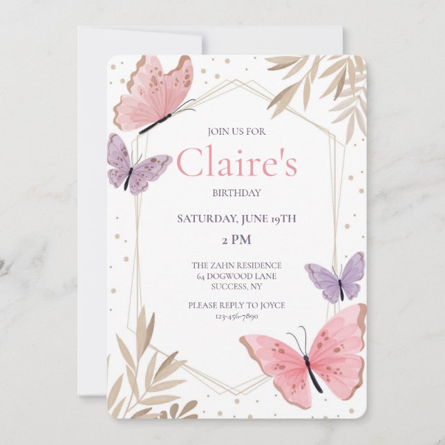 Invitation Fête d'anniversaire des papillons (Devant)