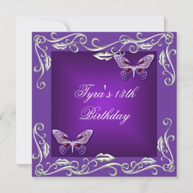 Invitation Fête d'anniversaire des papillons 13 ans Violet vi (Devant)
