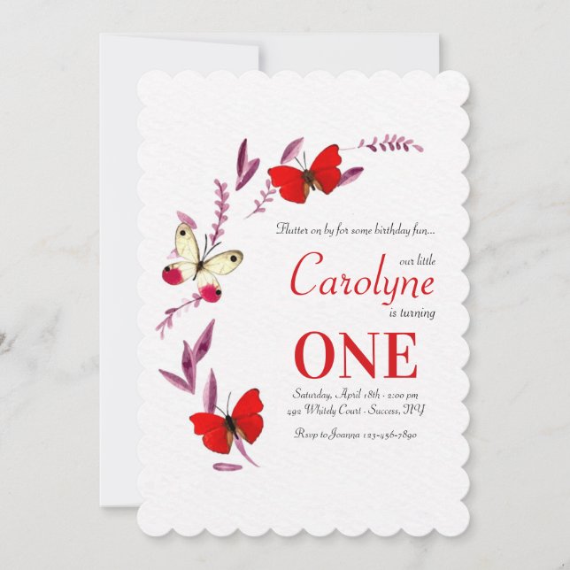 Invitation Fête d'anniversaire des papillons rouges (Devant)