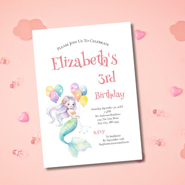 Invitation Fête d'anniversaire des petites filles des ballons (Mermaid Little Girls Birthday Party Invitation. 2nd 3rd 4th 5th 6 th 7th 8th 9th 10th 11 th birthday)