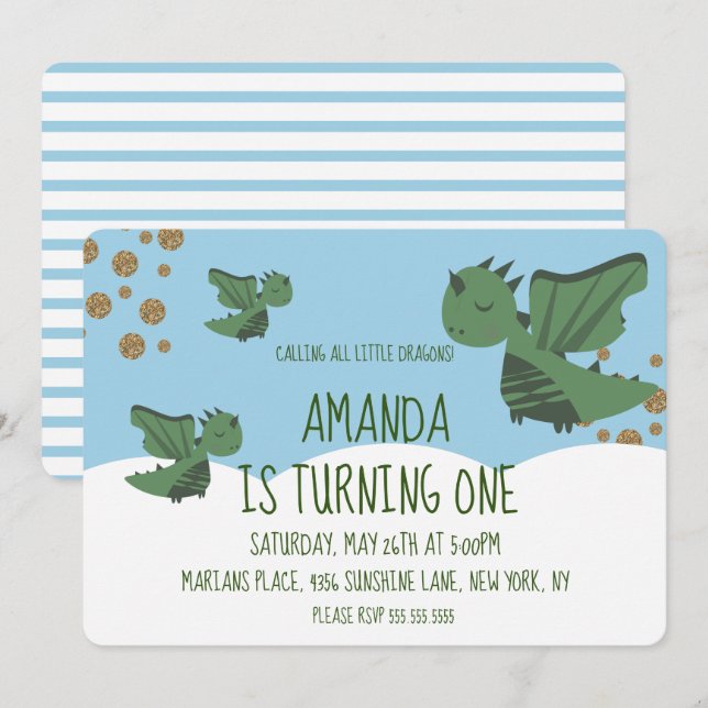 Invitation Fête d'anniversaire des petits dragons Paillettes  (Devant / Derrière)