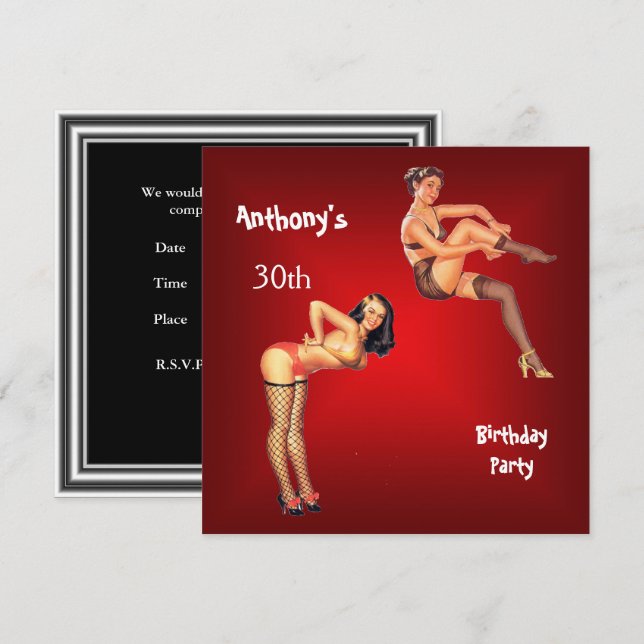 Invitation Fête d'anniversaire des Pin-up Girls rouges (Devant / Derrière)