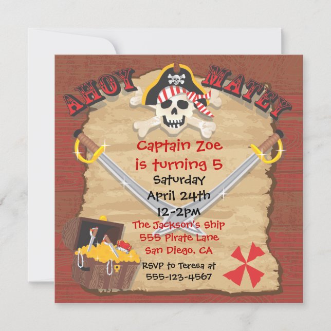 Invitation Fête d'anniversaire des pirates avec insertion de  (Devant)