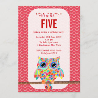 Invitation Fête d'anniversaire des Red Girls Rainbow Owl Invi