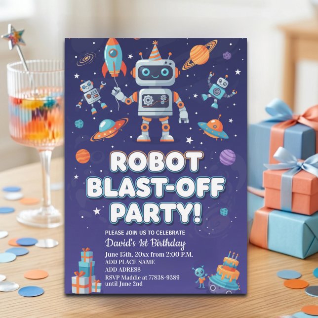 Invitation Fête d'anniversaire des robots dans l'espace 1 an (Créateur téléchargé)