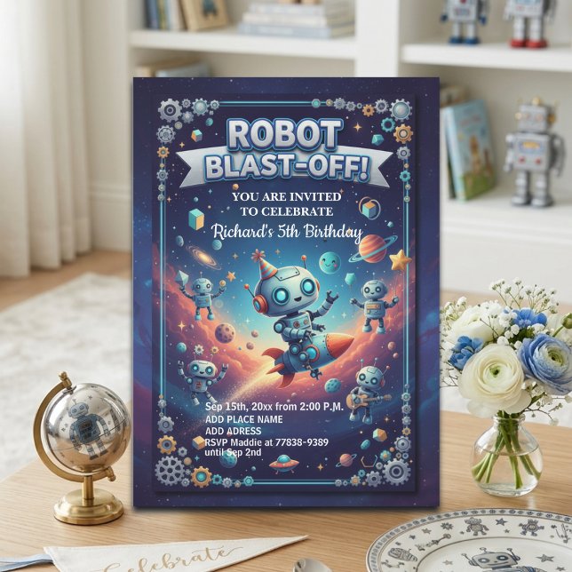 Invitation Fête d'anniversaire des Robots dans l'Espace 5 ans (Créateur téléchargé)
