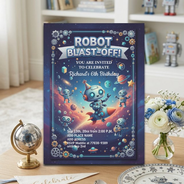 Invitation Fête d'anniversaire des Robots dans l'Espace 6 ans (Créateur téléchargé)
