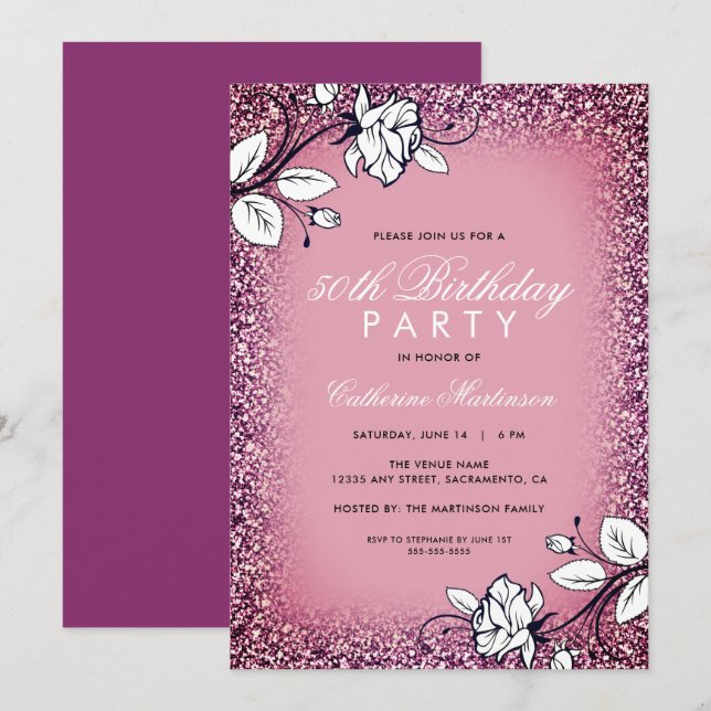 Invitation Fête d'anniversaire des Roses blanches Parties sci (Devant / Derrière)