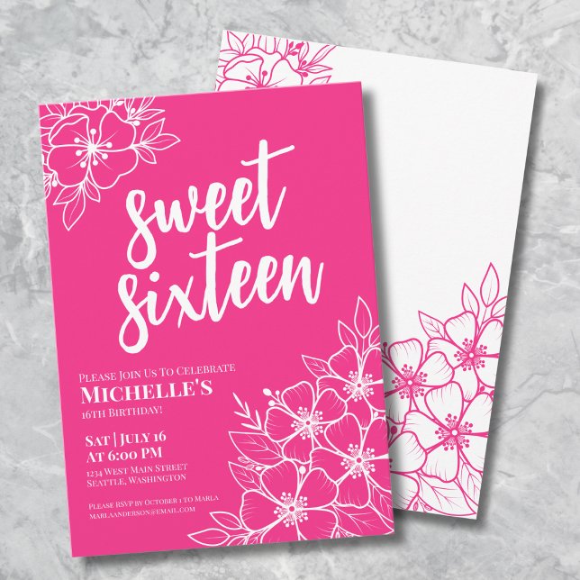 Invitation Fête d'anniversaire des seize ans rose vif de mes  (16th Hot Pink Floral Sweet Sixteen Birthday Party Invitation )