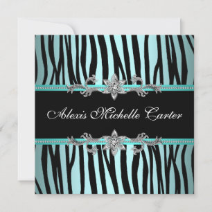 Invitation Fête d'anniversaire des seize ans Teal Blue Zebra