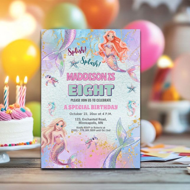 Invitation Fête d'anniversaire des sirènes sous la mer 8 ans (Créateur téléchargé)