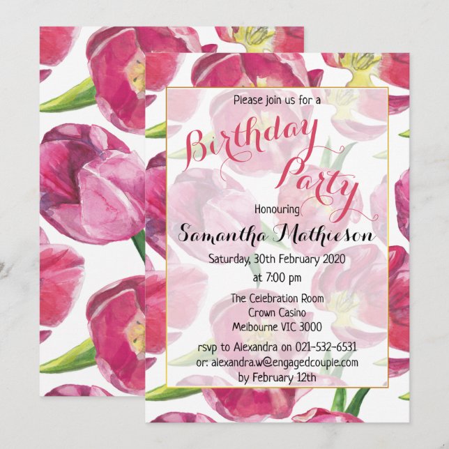 Invitation Fête d'anniversaire des tulipes roses florales (Devant / Derrière)
