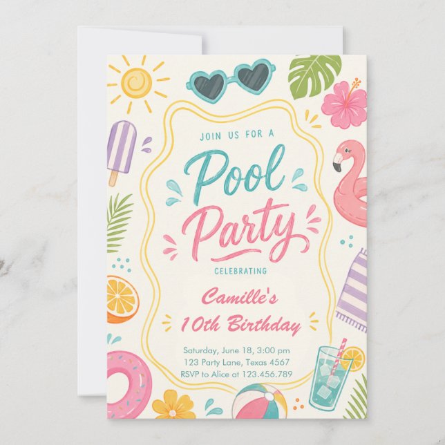 Invitation Fête d'anniversaire d'été à la piscine (Devant)