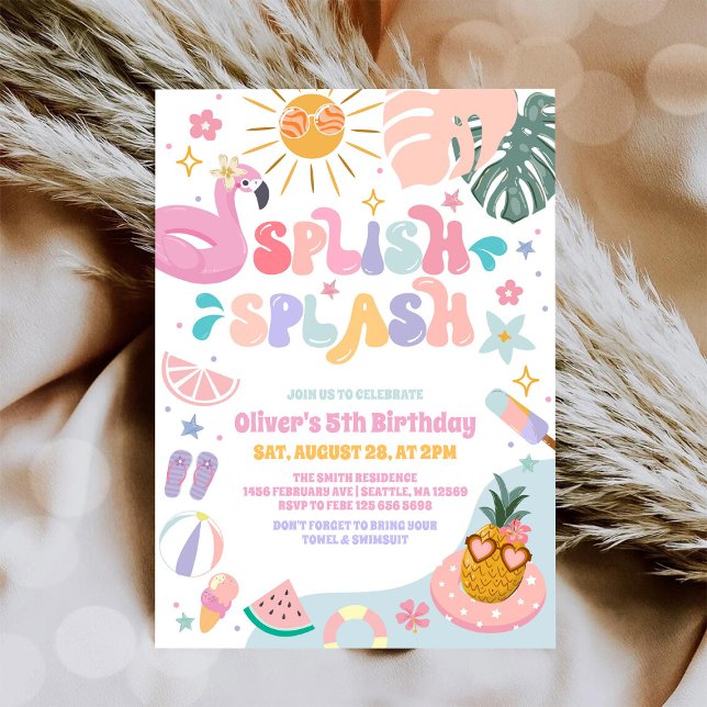 Invitation Fête d'anniversaire d'été à la piscine Splish Spla (Créateur téléchargé)