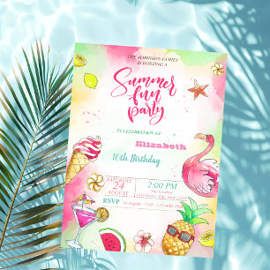 Invitation Fête d'anniversaire d'été, Ananas, Flamant rose