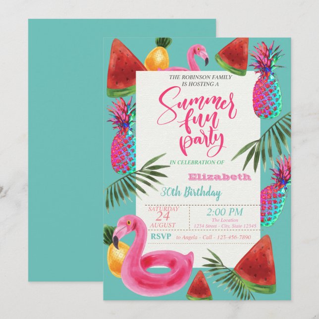 Invitation Fête d'anniversaire d'été, Ananas, Pastèque (Devant / Derrière)