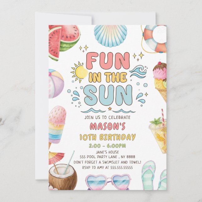 Invitation Fête d'anniversaire d'été au soleil à la piscine  (Devant)
