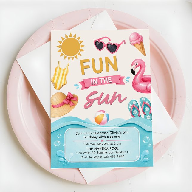 Invitation Fête d'anniversaire d'été au soleil dans la piscin (Créateur téléchargé)