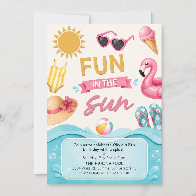 Invitation Fête d'anniversaire d'été au soleil dans la piscin (Devant)