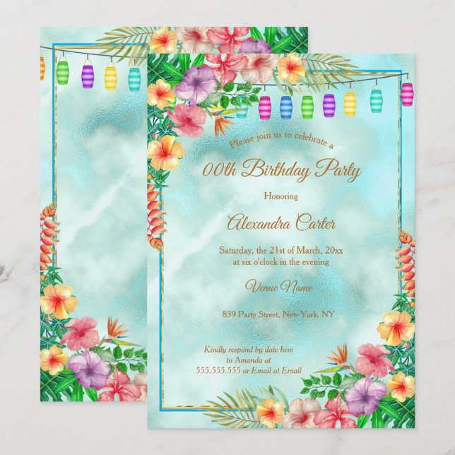 Invitation Fête d'anniversaire d'été au Tropical Hibiscus (Devant / Derrière)