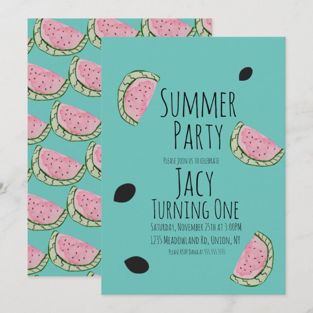 Invitation Fête d'anniversaire d'été aux graines de pastèque  (Devant / Derrière)