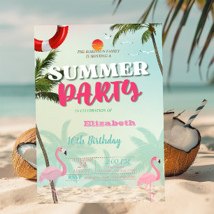 Invitation Fête d'anniversaire d'été aux palmiers flamants ro