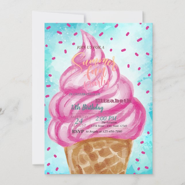 Invitation Fête d'anniversaire d'été avec cône de glace (Devant)