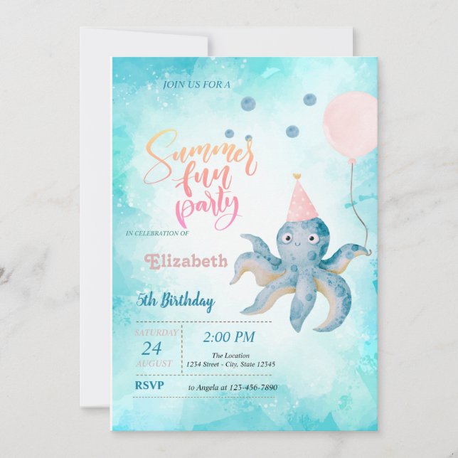 Invitation Fête d'anniversaire d'été ballon pieuvre marine  (Devant)