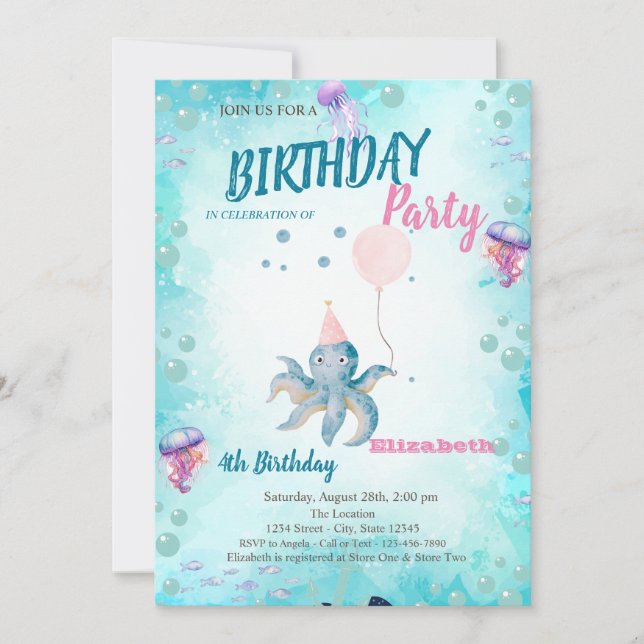 Invitation Fête d'anniversaire d'été ballon pieuvre marine  (Devant)