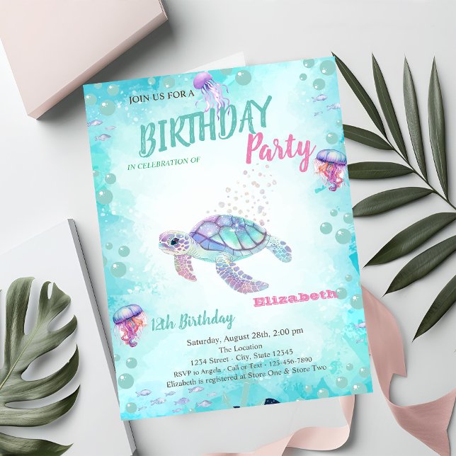 Invitation Fête d'anniversaire d'été de la mer Tortue Paillet (Créateur téléchargé)