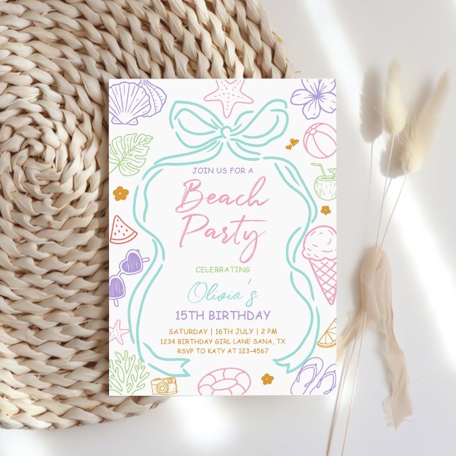Invitation Fête d'anniversaire d'été de plage dessinée à la m (Créateur téléchargé)